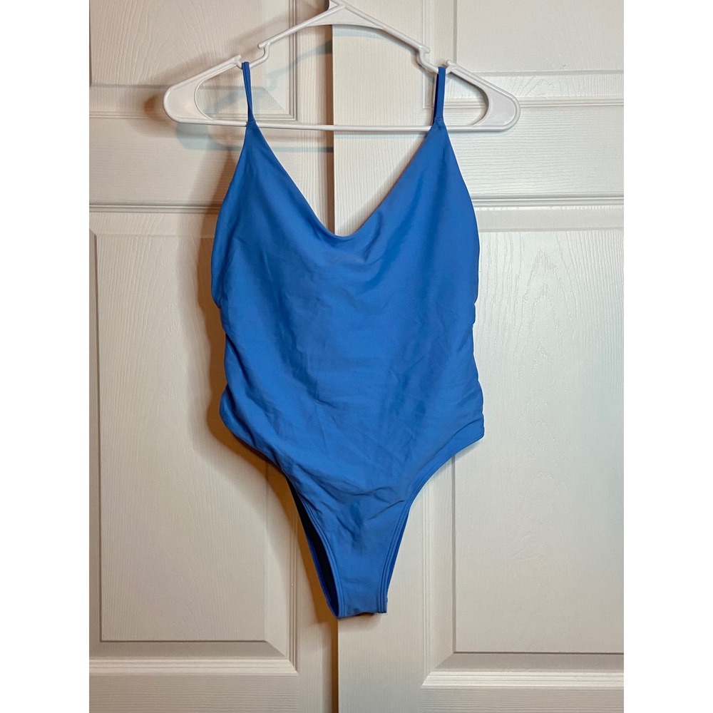 Aerie Swim One Piece V-Neck Low Back High Cut Leg Blue Swimsuit Medium